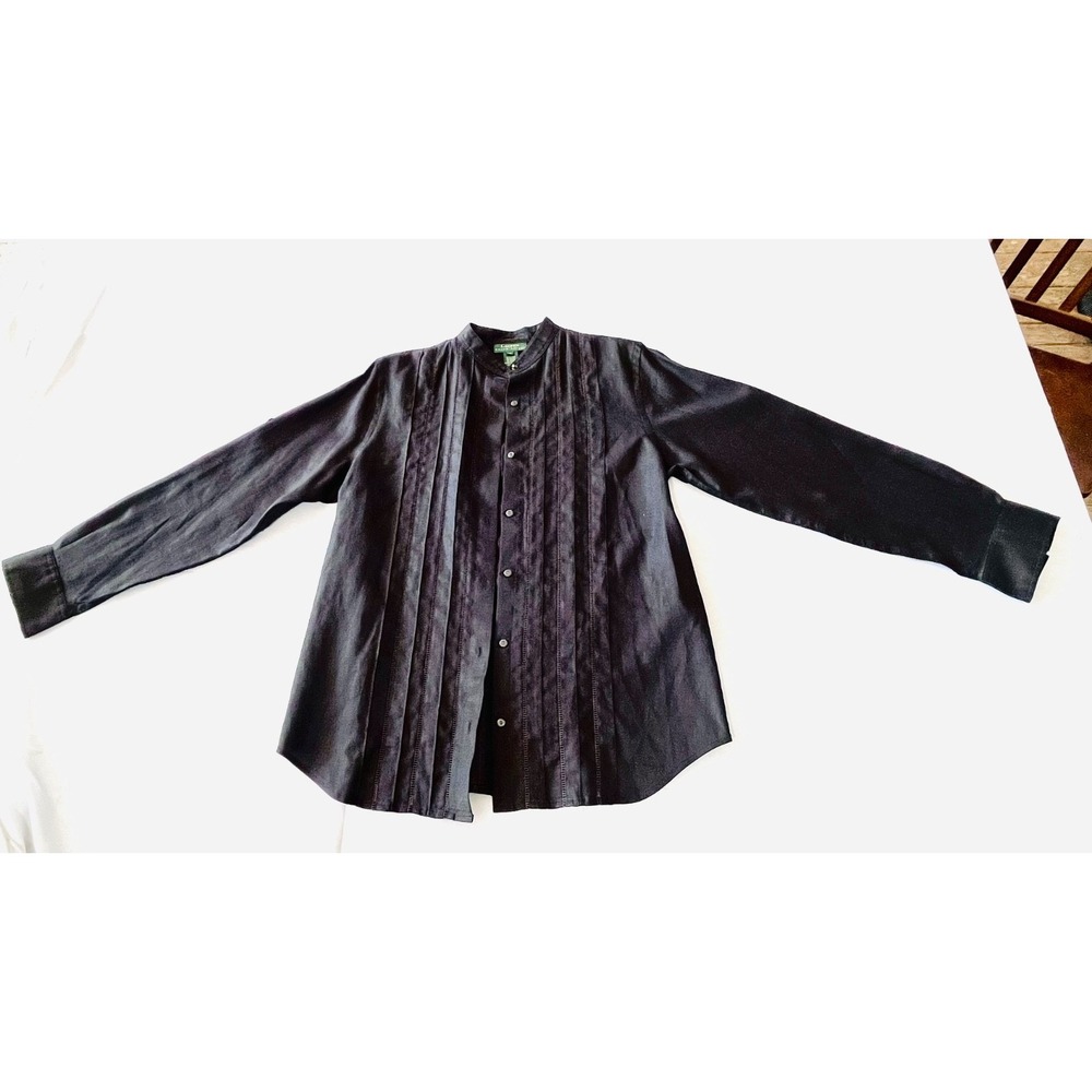 Lauren Ralph Lauren Black Linen Pintuck Blouse Preppy Whimsigoth Medium